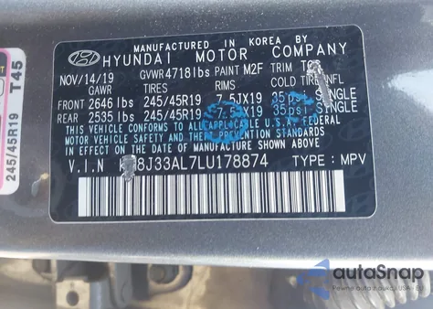 2020 Hyundai Tucson Sport из США, поврежденный, VIN KM8J33AL7LU178874